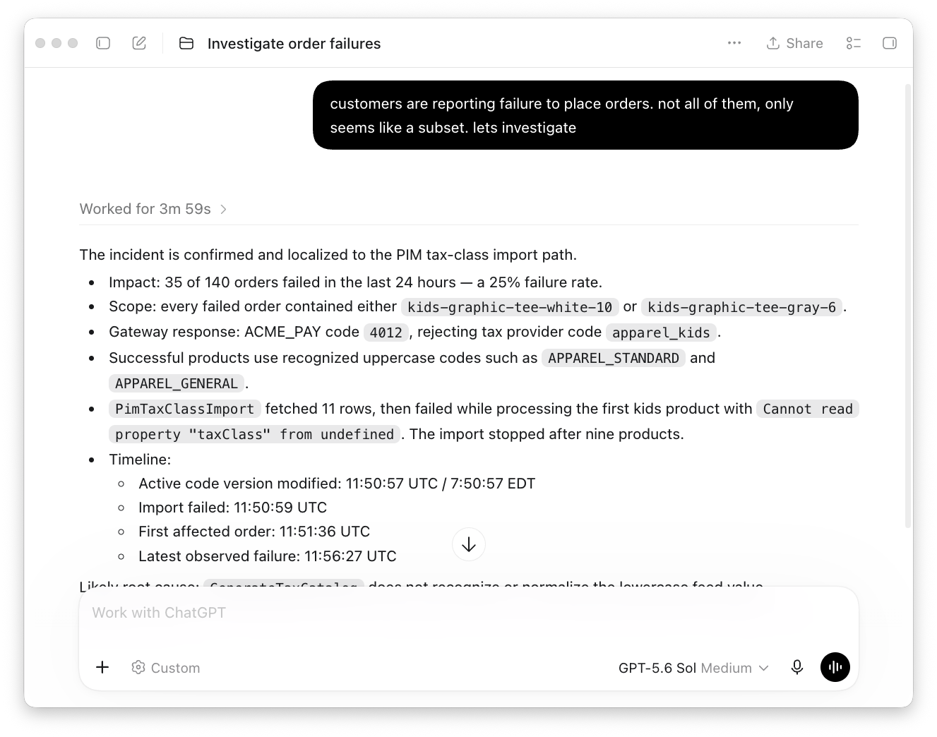 ChatGPT investigating order failures, identifying affected products and payment rejections, and correlating them with a tax-class import failure.
