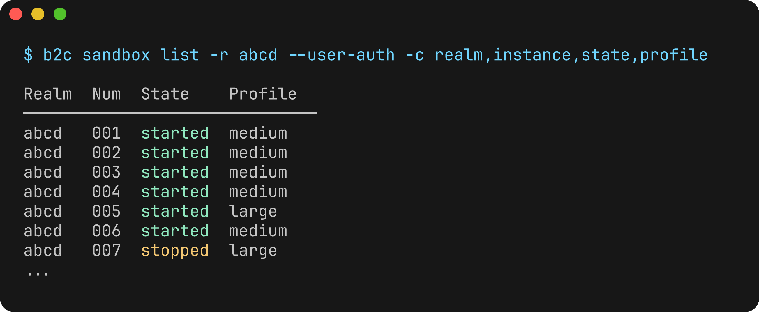 B2C CLI listing seven sandboxes with started and stopped states and medium or large resource profiles; realm and instance identifiers are anonymized.