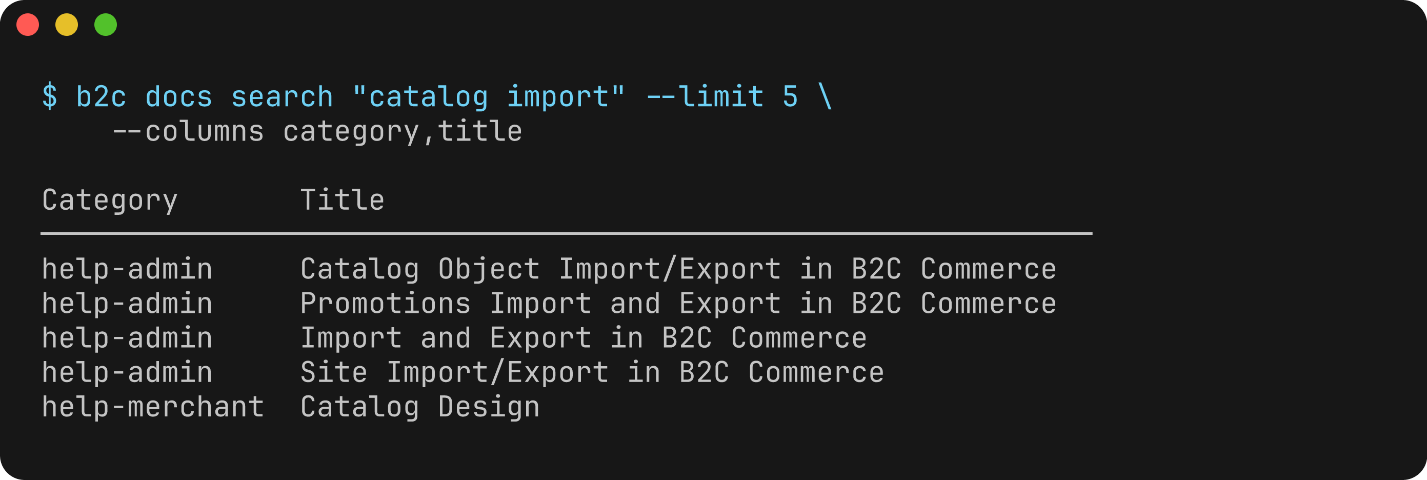 B2C CLI finding catalog import documentation across administrator and merchant guides.