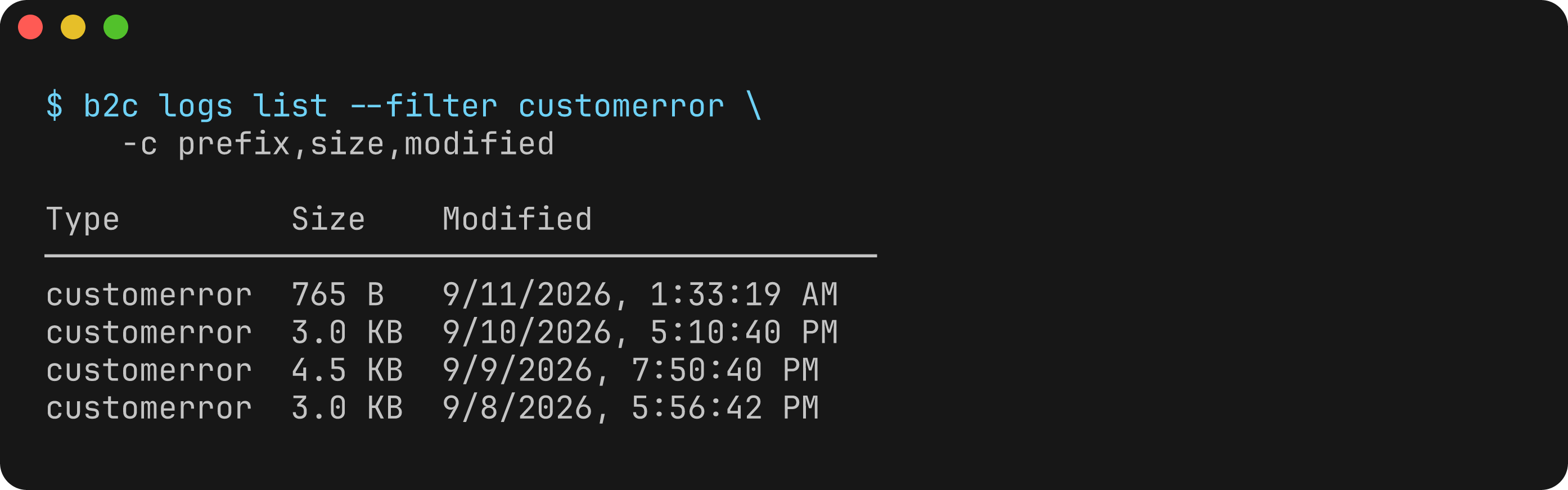 B2C CLI filtering custom error logs and showing their sizes and modification times.