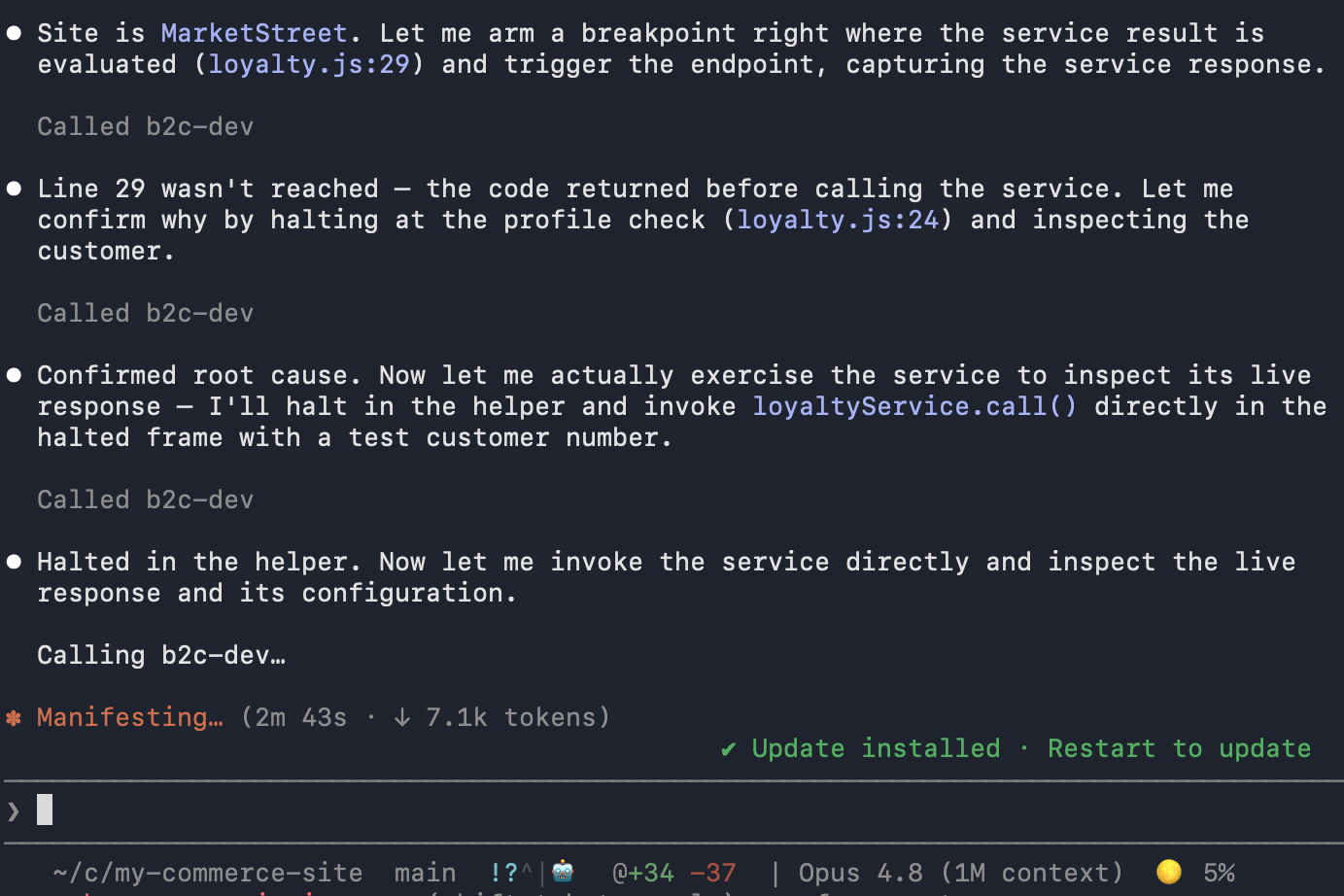 Claude Code using the B2C MCP debugger to investigate why a loyalty controller returns before calling its service, with breakpoints in loyalty.js.